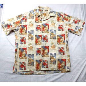Vintage Pierre Cardin Hawaiian Shirt L 100% Cotton Tropical Print Red Floral Bei